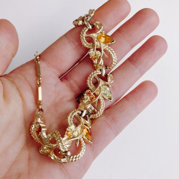Signed Coro Mid Century Gold Tone Leaf Necklace with Amber Rhinestones VTG 1950s - Picture 6 of 12